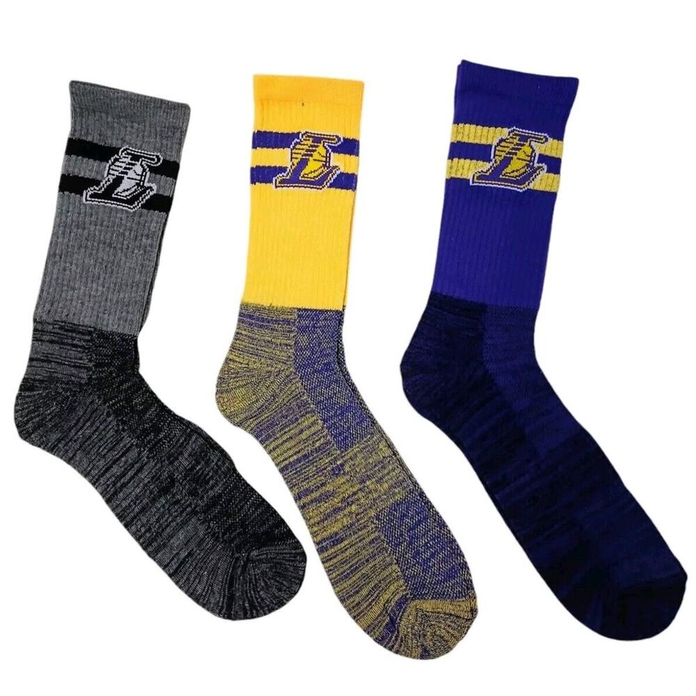 3 Pairs NBA LAKERS Socks Los Angeles Mens Size 6-12 CREW Tube Sport Official NEW
